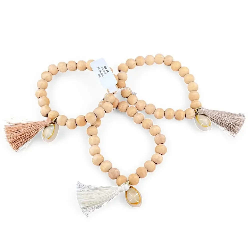 Wood Bead Stretch Bracelet Cowrie Shell and Tassel Boho Wooden Lot of 3